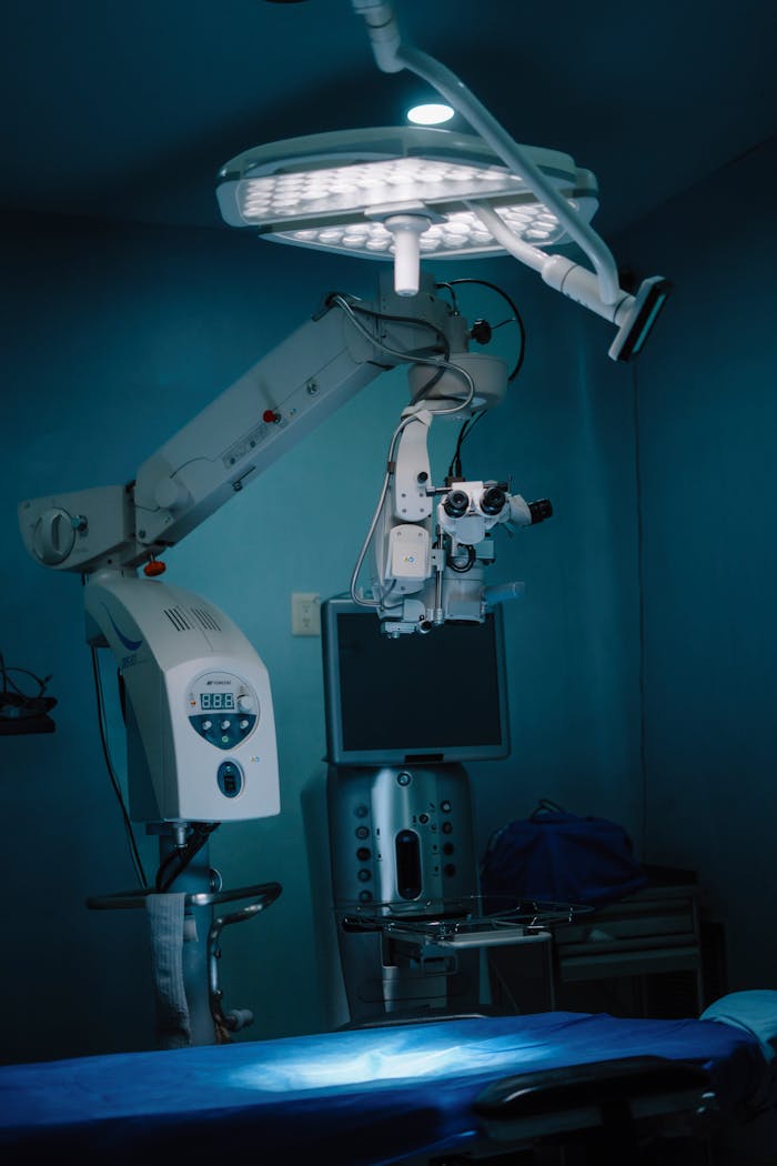why-choose-us Surgical operating room with advanced medical equipment and blue lighting.